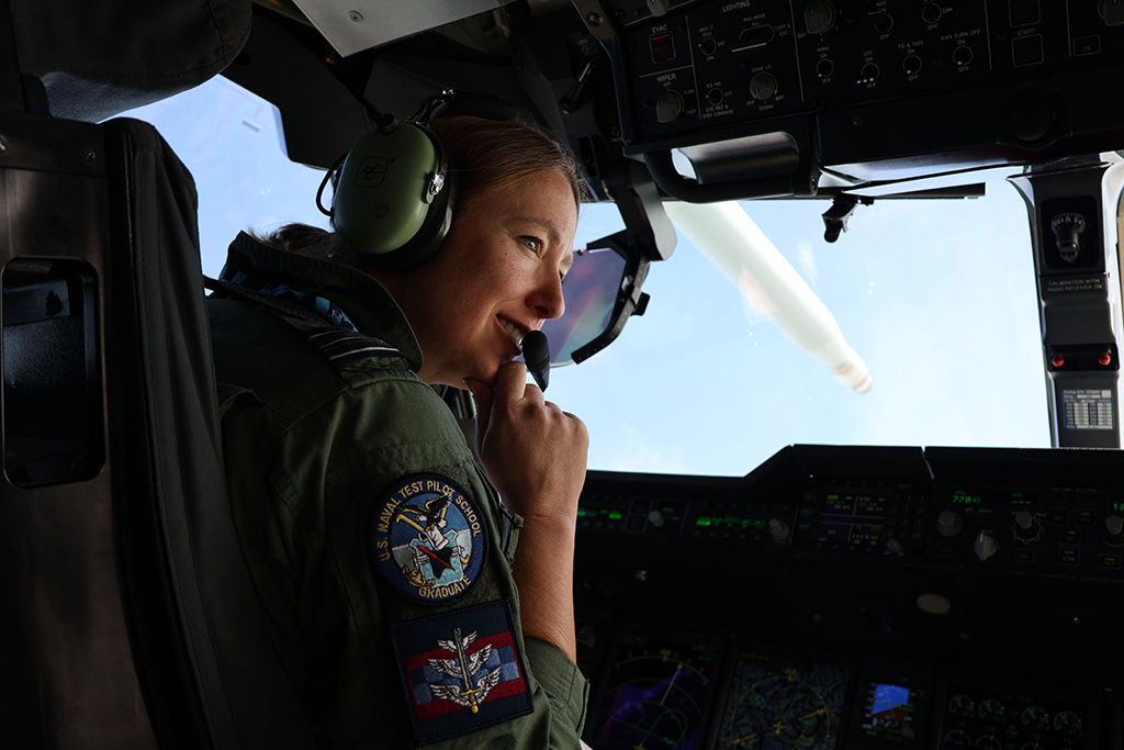 Photo: Squadron Leader Stewart in the Captain's seat of the Atlas, taken from her right hand side